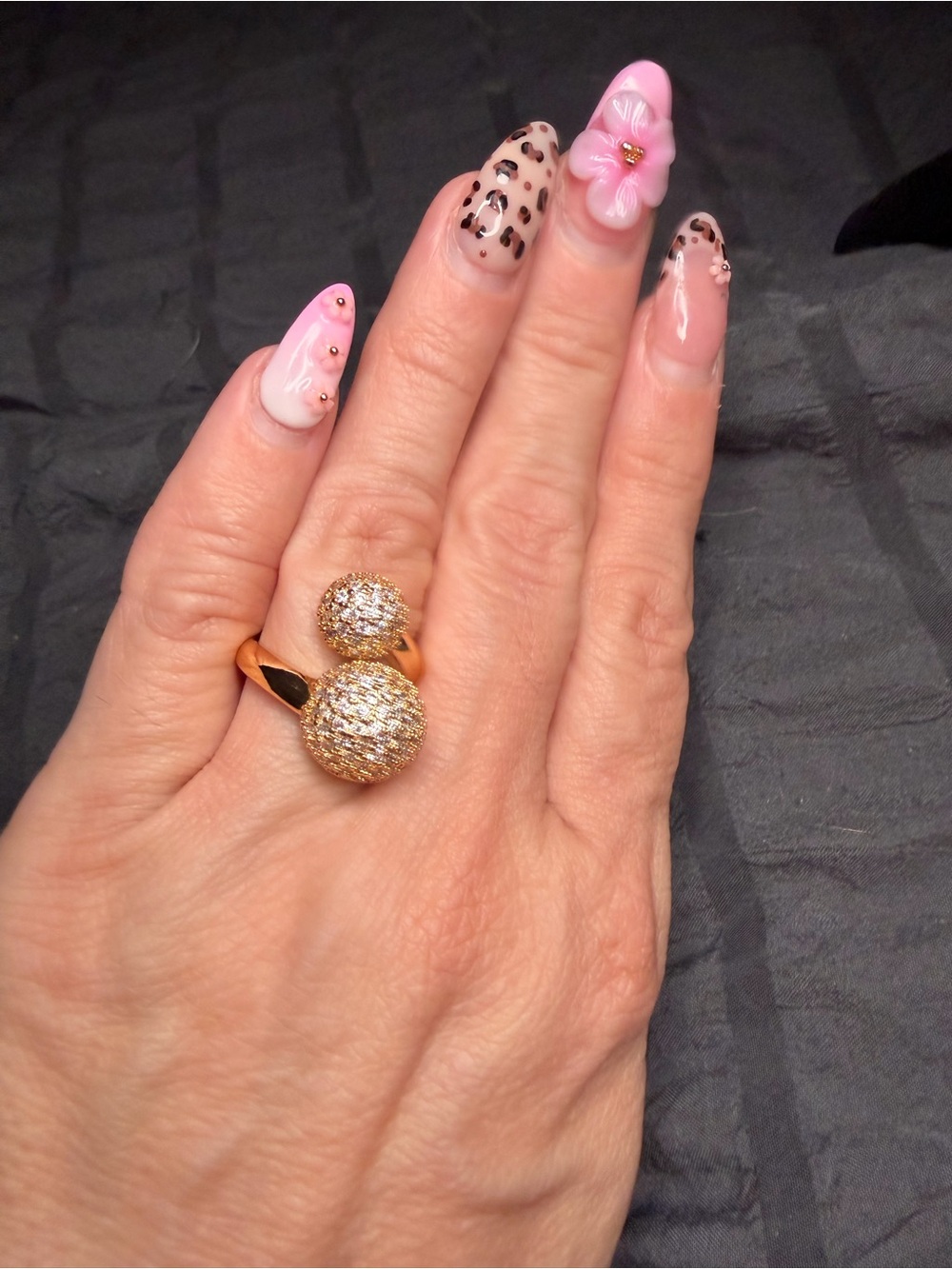 Gold Filled Adjustable Bypass Ring with AAA CZ Pavé Double Ball Design size 6